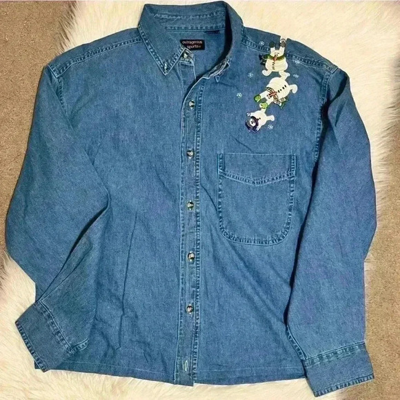 Vintage Outrageous Sports Denim Holiday Christmas Snowman Button Down Shirt M - Picture 1 of 6